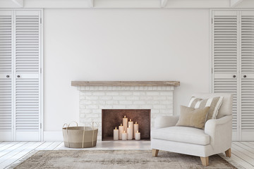 Interior with fireplace. 3d render. - obrazy, fototapety, plakaty
