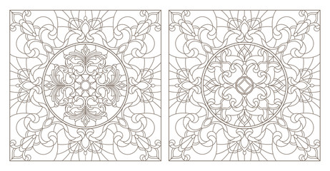 Set contour illustrations of stained glass with abstract swirls and flowers , square image