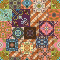 Foto op Plexiglas Naadloos patroon met Portugese tegels in talavera-stijl. Azulejo, Marokkaanse, Mexicaanse ornamenten. © somber