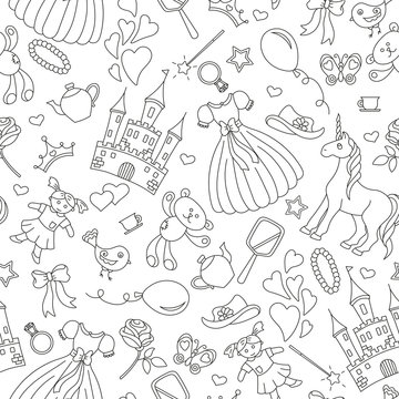 Seamless pattern on the theme of Hobbies baby girls, simple contour icons, black contour on white background