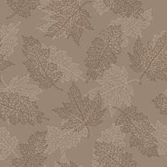 Fototapeta premium Seamless pattern with contour lacy brown leaves of different trees on a beige background