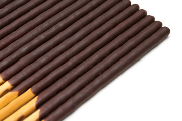 Chocolate Filled Biscuit Sticks on White Background