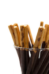 Chocolate Filled Biscuit Sticks on White Background