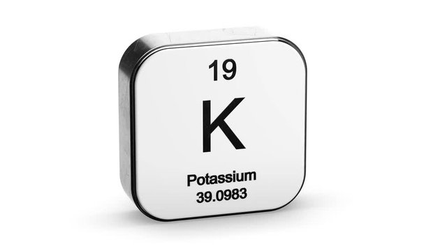 Potassium element symbol from the periodic table on white metallic rounded square icon