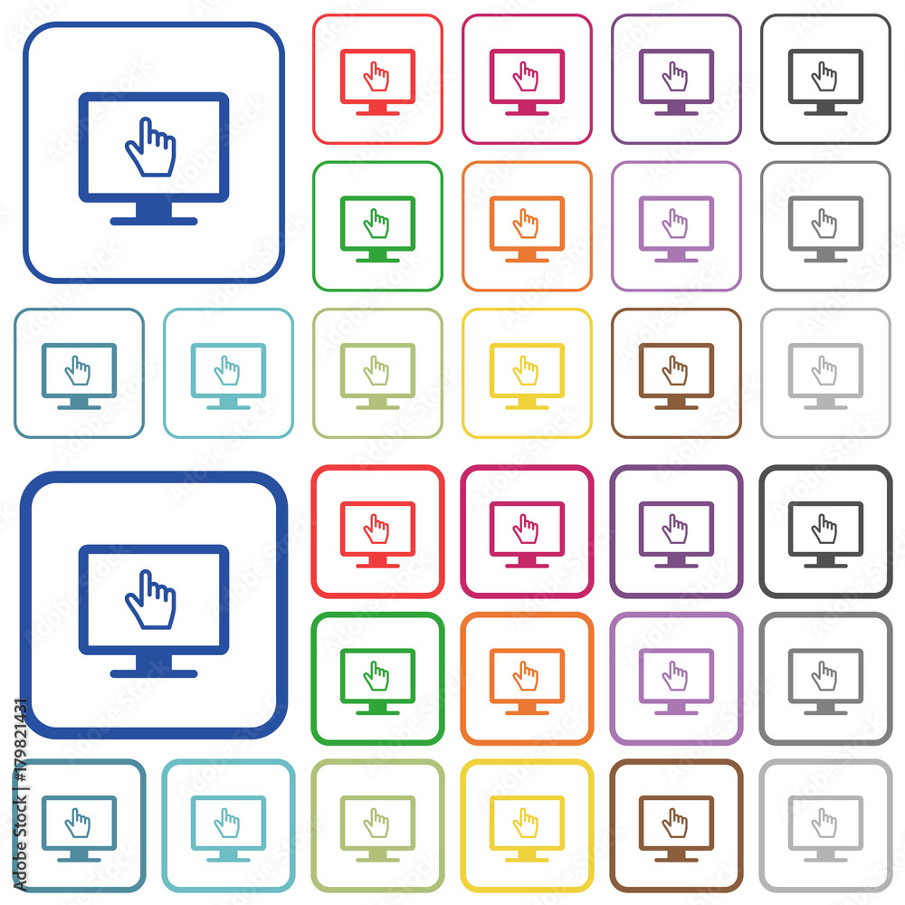 Poster monitor with pointing cursor outlined flat color icons
