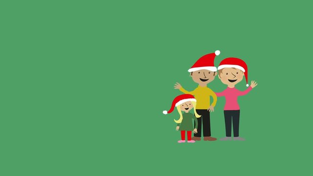 Christmas greeting family in santa hats. Celebrating xmas with green background.