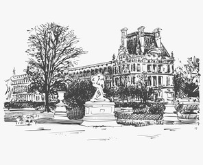 sketch drawing of the Louvre, famous place from Paris, France