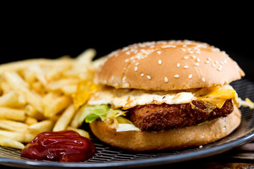 American fish burger with Golden French fries