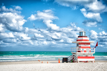 Fototapeta premium Lifeguard tower for rescue baywatch on beach in Miami, USA