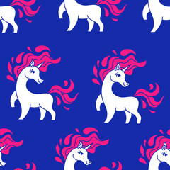 Unicorn pattern seamless vector on blue background .Vector pattern with cute unicorn.Magic cosmic background with little unicorn.Baby wallpaper.White horse and pink colorful mane