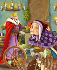 Obraz na płótnie Canvas cartoon scene with king and old lady like witch talking illustration for children