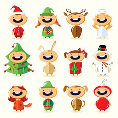 Christmas set of cute cartoon children in colorful costumes