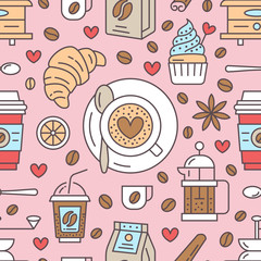 Seamless pattern of coffee, vector background. Cute beverages, hot drinks colored flat line icons - coffee maker machine, beans, cup, grinder. Repeated texture for cafe menu, shop wrapping paper.