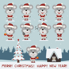 Merry christmas and happy new year! Vector set of mouse in different poses on background snow. Collection of little mouse in cartoon style for christmas design.