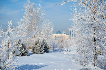 Astana  cityscape.   Astana is the capital city of Kazakhstan. It is located on the banks of Ishim River in the north portion of Kazakhstan, within the Akmola Region, though administered separately fr