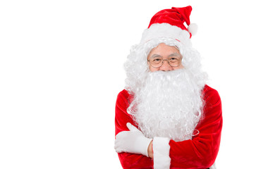 Happy merry Christmas Santa Claus pointing holding Gift Box with Isolated on white background.