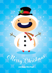 Christmas card with boy in snowman costume
