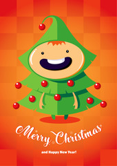 Christmas card with boy in the Christmas tree costume