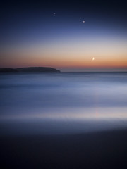 Fototapeta na wymiar The Moon, Venus and Jupiter Over Trevose Head, Cornwall