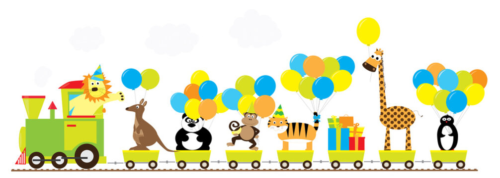 birthday party illustration on white background: cartoon train with cute wild animals, gifts and balloons