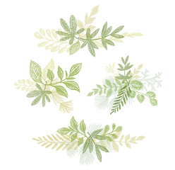 Green bouquets hand drawn composition. greenery branches isolated on white background. Floral decoration elements set
