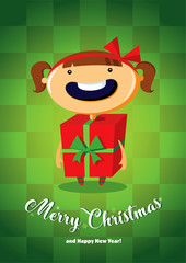 Christmas card with girl in gift costume