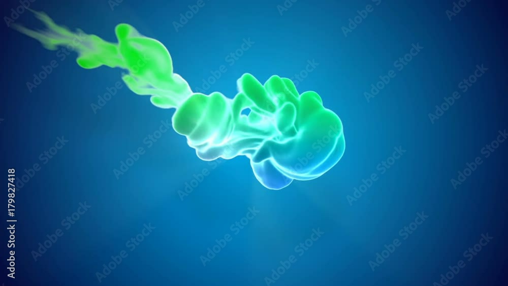 Poster animation of multicolor 3d flow of ink inject in water in slow motion on blue background. cold color