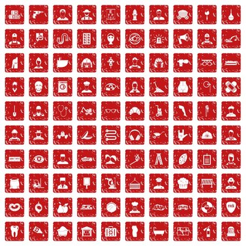 100 Different Professions Icons Set Grunge Red