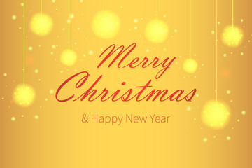 Happy New Year design on yellow shiny background with an inscription. Merry Christmas vector illustration. Holiday greeting.
