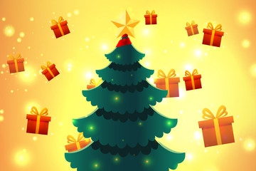 Happy New Year design on yellow shiny background. Merry Christmas vector illustration with presents and Christmas tree. Holiday greeting.