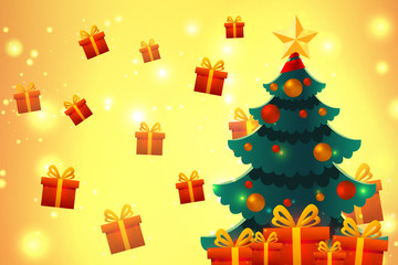 Happy New Year design on yellow shiny background. Merry Christmas vector illustration with presents and Christmas tree. Holiday greeting.