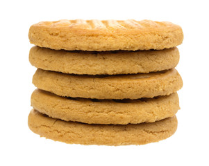 A stack of sugar free shortbread cookies isolated on a white background.