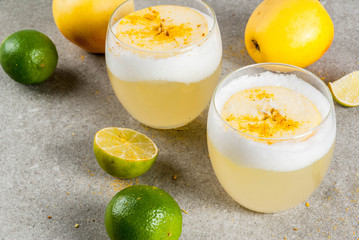 Peruvian, Mexican, Chilean drink recipes, Pisco Sour and  Apple Cider cocktail, on gray stone...