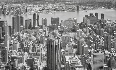 Black and white aerial view of New York City Manhattan skyline, USA.