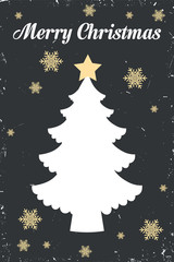 Happy New Year design on dark background. Merry Christmas vector illustration with decoration and Christmas tree and an inscription. Holiday greeting.