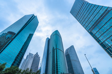 Plakat Skyscrapers from a low angle view in Shanghai, China..