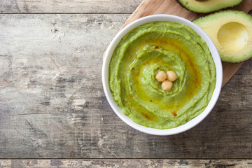 Avocado hummus in bowl on wooden table.Top view