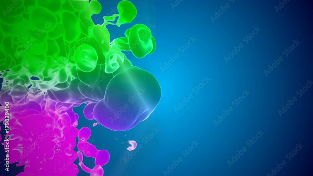 Poster animation of multicolor 3d flow of ink inject in water in slow motion on blue background. cold color