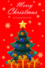 Fototapeta na wymiar Happy New Year design on red background with an inscription. Merry Christmas vector illustration with presents and Christmas tree. Holiday greeting.