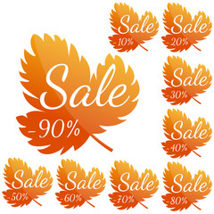 Set of autumn yellow-red leaves with inscription "Sale". Discounts from 10 to 90 percent. Vector illustration. 
