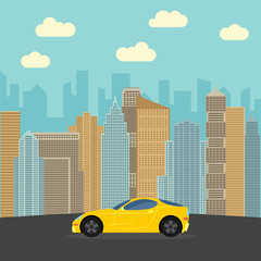 Yellow sports car in the city. Automobile on a background of skyscrapers on a sunny day. Vector illustration. 
