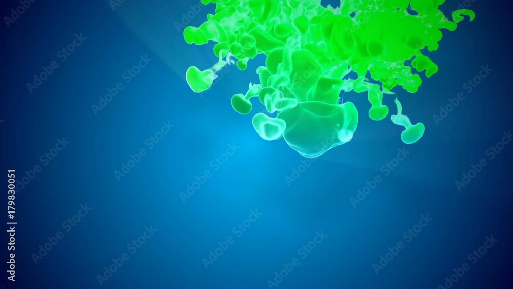 Poster animation of multicolor 3d flow of ink inject in water in slow motion on blue background. cold color