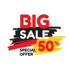 Big sale discount 50% - vector banner concept illustration. Abstract advertising promotion layout on white background. Special offer badge. Graphic design element. 