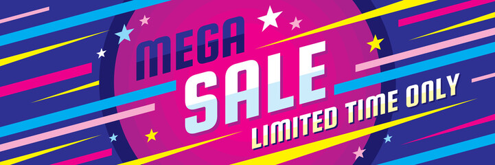 Mega sale discount - vector layout concept illustration. Abstract horizontal advertising promotion banner. Creative background. Special offer. Graphic design elements. 