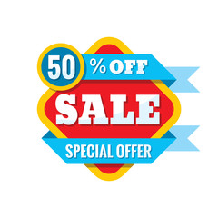 Sale 50% off - vector concept illustration in flat style. Abstract advertising promotion banners on white background. Creative discount badge. Special offer stickers. Design elements.  