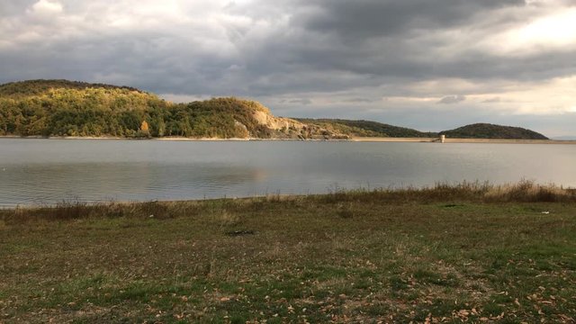 Lake of Bor and water dam slow pan  footage - Natural scenery in Easter Serbia by autumn 