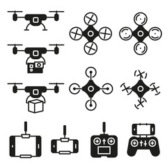 Flying drone flat icons on white background. Quadcopter sings isolated set. - obrazy, fototapety, plakaty