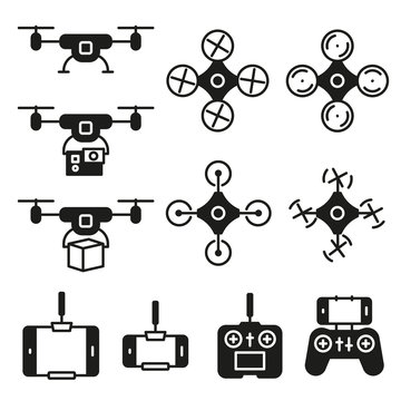 Flying drone flat icons on white background. Quadcopter sings isolated set.