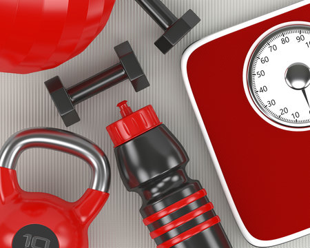 3d rendering of dumbbells, scale, kettlebell and gym shaker