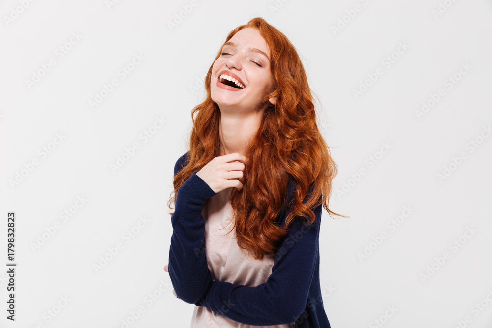 Sticker Laughing young redhead lady. Eyes closed.